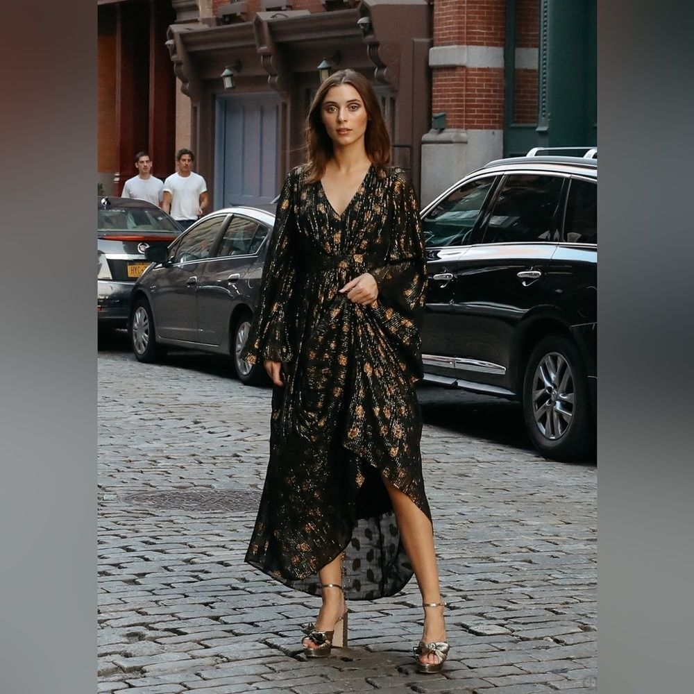 Mille Elegant Black and Gold Floral Dress, Size Small